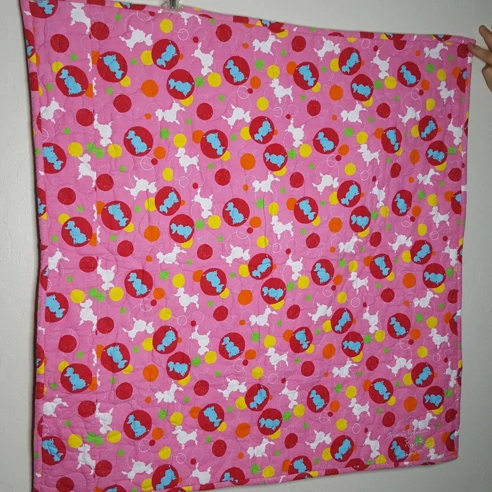 Pink White Quilted Poodle Dogs Baby Girls Blanket Security Lovey 40 x 40